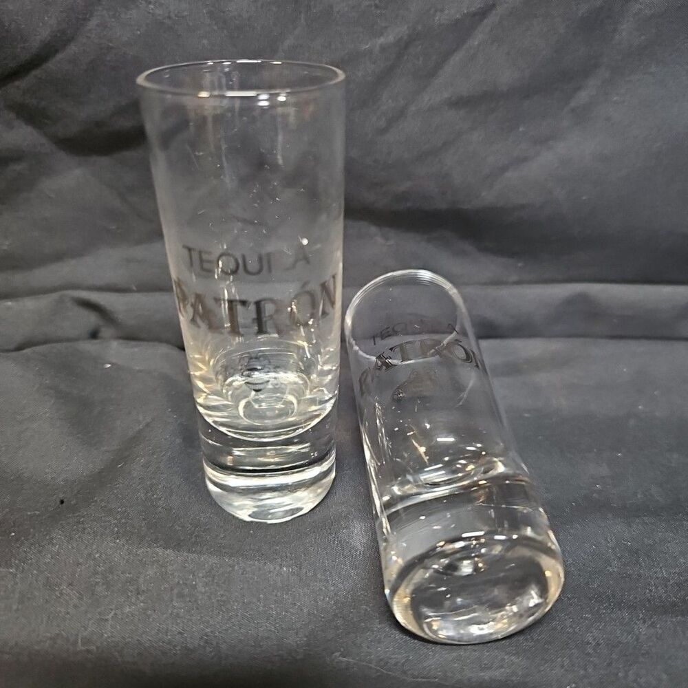 2 Patron Tequila silver lettering clear glass double shot glasses